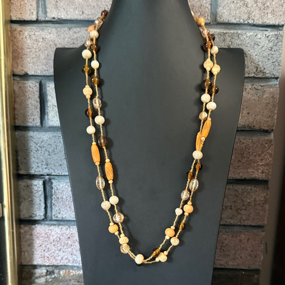 Vintage bohemian wood, glass and seed bead necklace